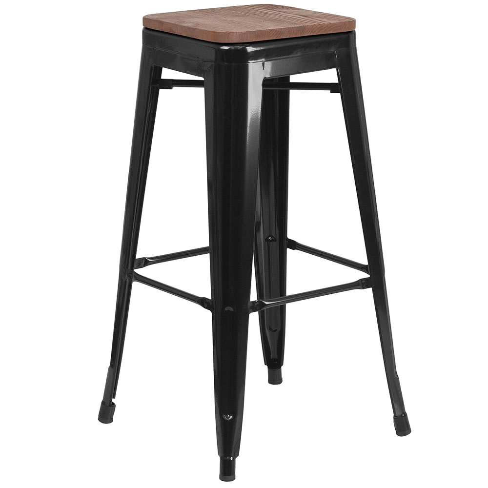 916-CH3132030BKWD Backless Bar Stool w/ Wood Seat, Black