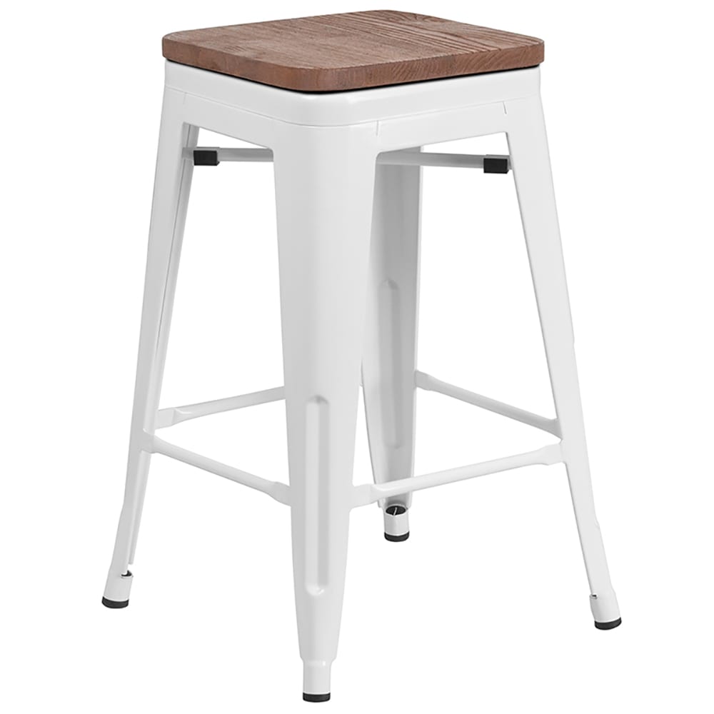 916-CH3132024WHWD Counter Height Backless Bar Stool w/ Wood Seat, White