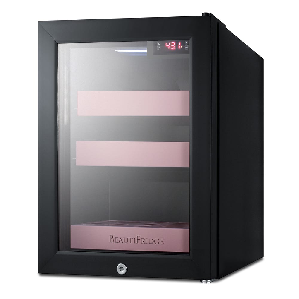 Summit LX114LP 13 3/4"W BeautiFridge Cosmetics Refrigerator w/ Glass Door & Pink Shelves - Black, 115v
