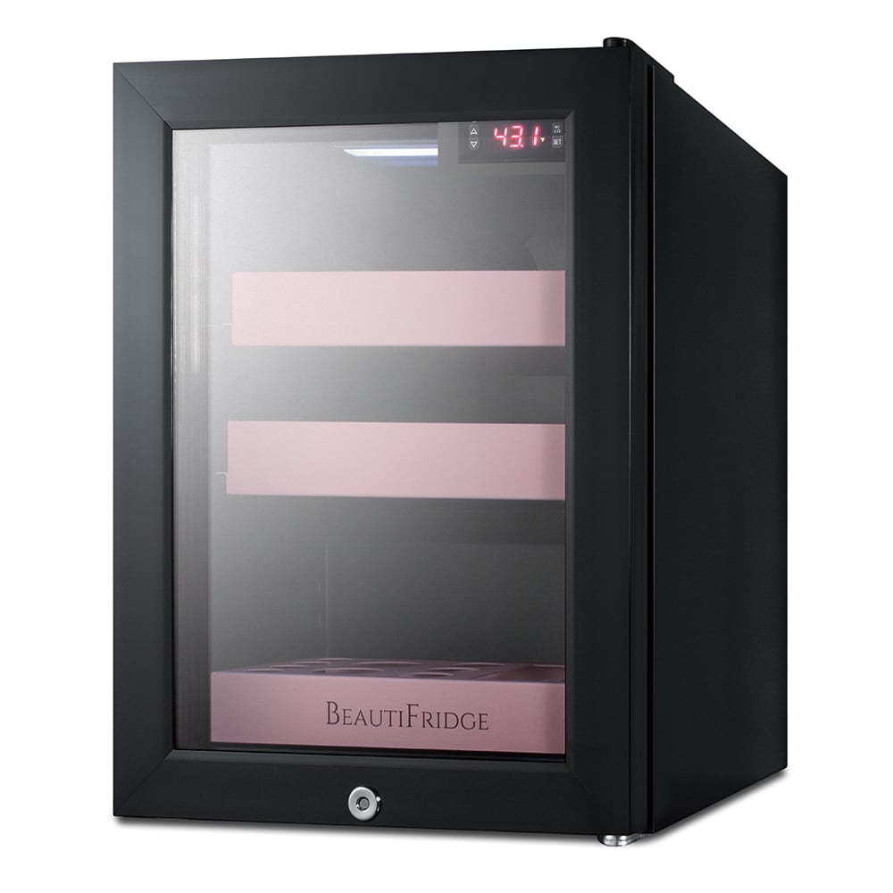 162-LX114LP 13 3/4"W BeautiFridge Cosmetics Refrigerator w/ Glass Door & Pink Shelves -...
