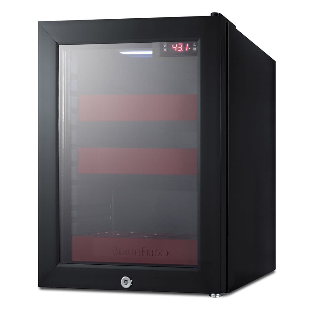 Summit LX114LR 13 3/4"W BeautiFridge Cosmetics Refrigerator w/ Glass Door w & Red Shelves - Black, 115v