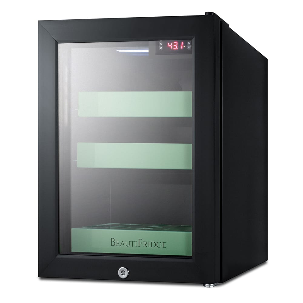 Summit LX114LG 13 3/4"W BeautiFridge Cosmetics Refrigerator w/ Glass Door & Mint Shelves - Black, 115v