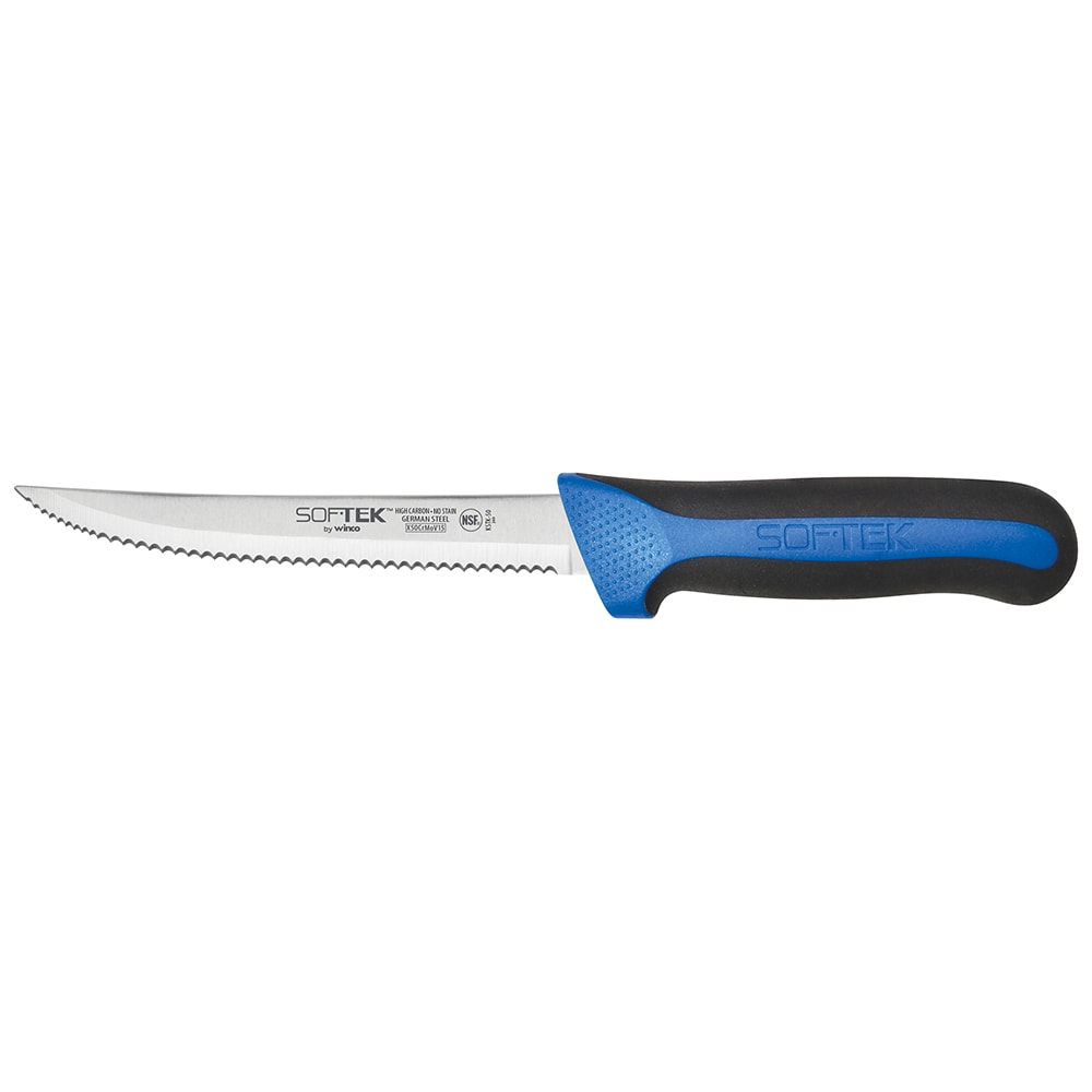 Winco KSTK-50 5 1/2" Serrated Utility Knife w/ High Carbon Steel Blade & Black/Blue TPR Handle