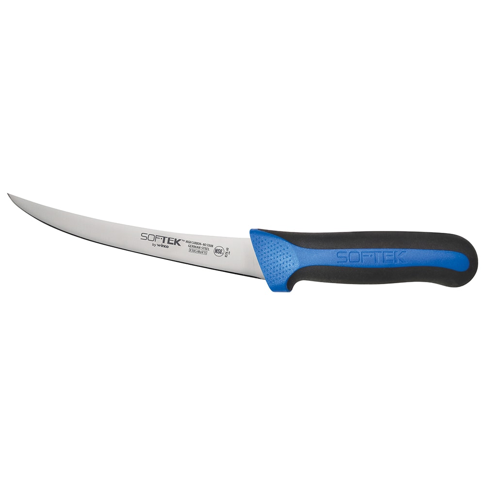 Winco KSTK-60 6" Curved Boning Knife w/ High Carbon Steel Blade & Black/Blue Handle