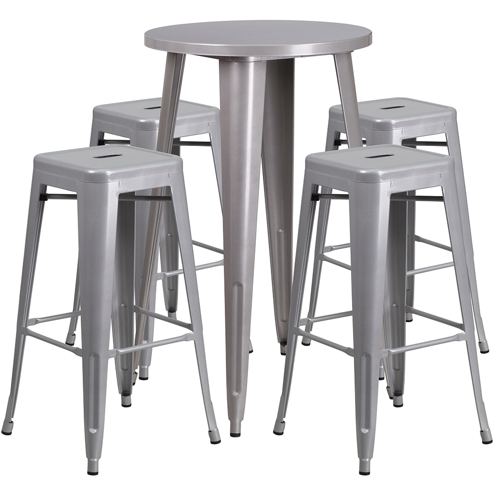 916-CH51080BH430SSS 24" Square Bar Height Table w/ (4) Bar Stool Set - Silver Steel Top, Ste...