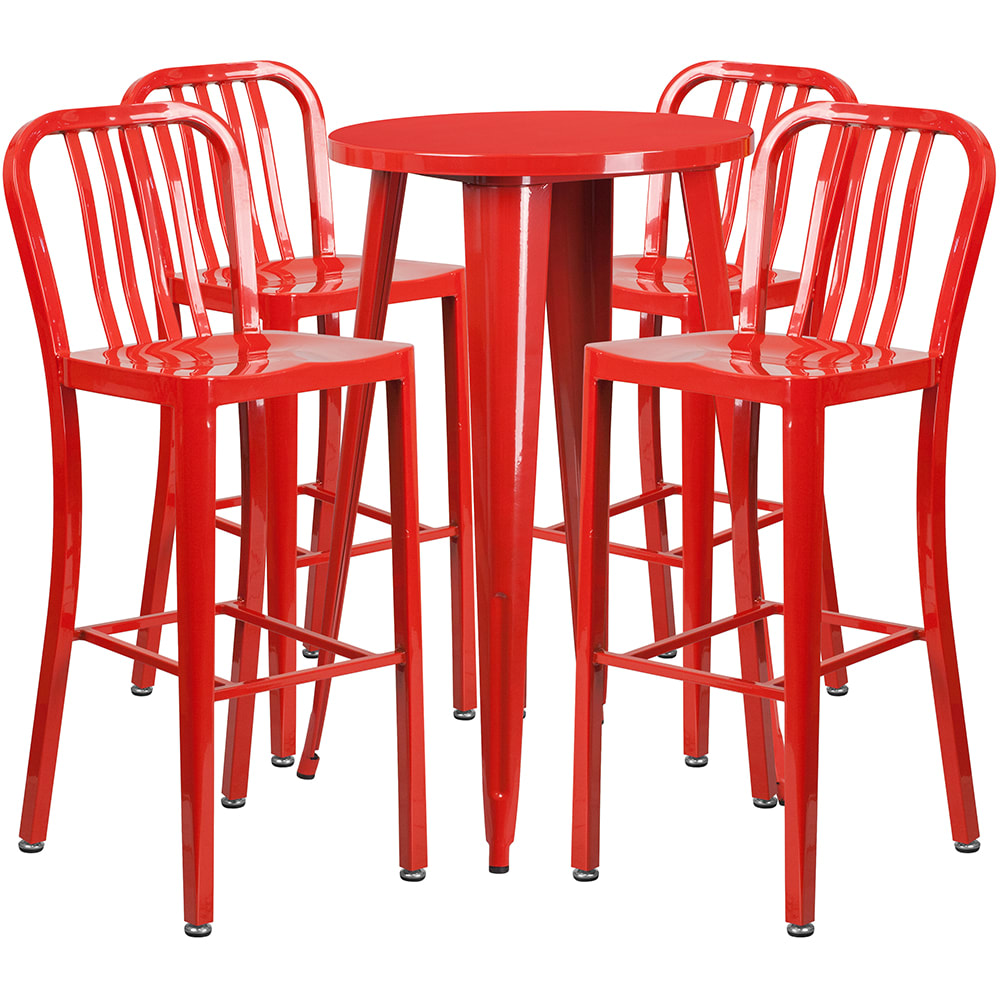 916-CH51080BH430VRED 24" Square Bar Height Table w/ (4) Bar Stool Set - Red Steel Top, Steel...