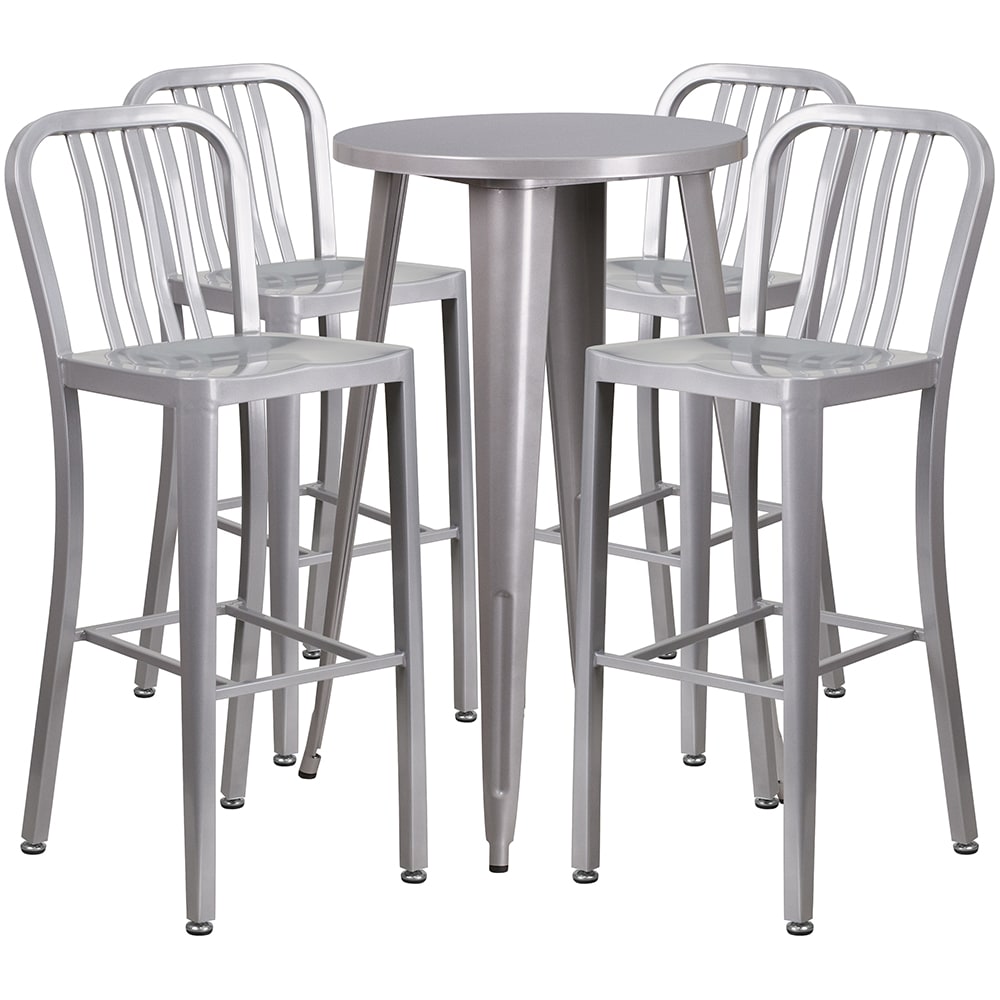 916-CH51080BH430VSIL 24" Square Bar Height Table w/ (4) Bar Stool Set - Silver Steel Top, St...