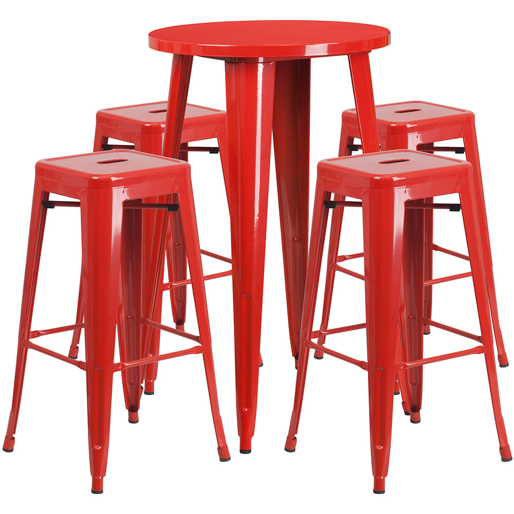 916-CH51080BH430SSR 24" Square Bar Height Table w/ (4) Bar Stool Set - Red Steel Top, Steel...