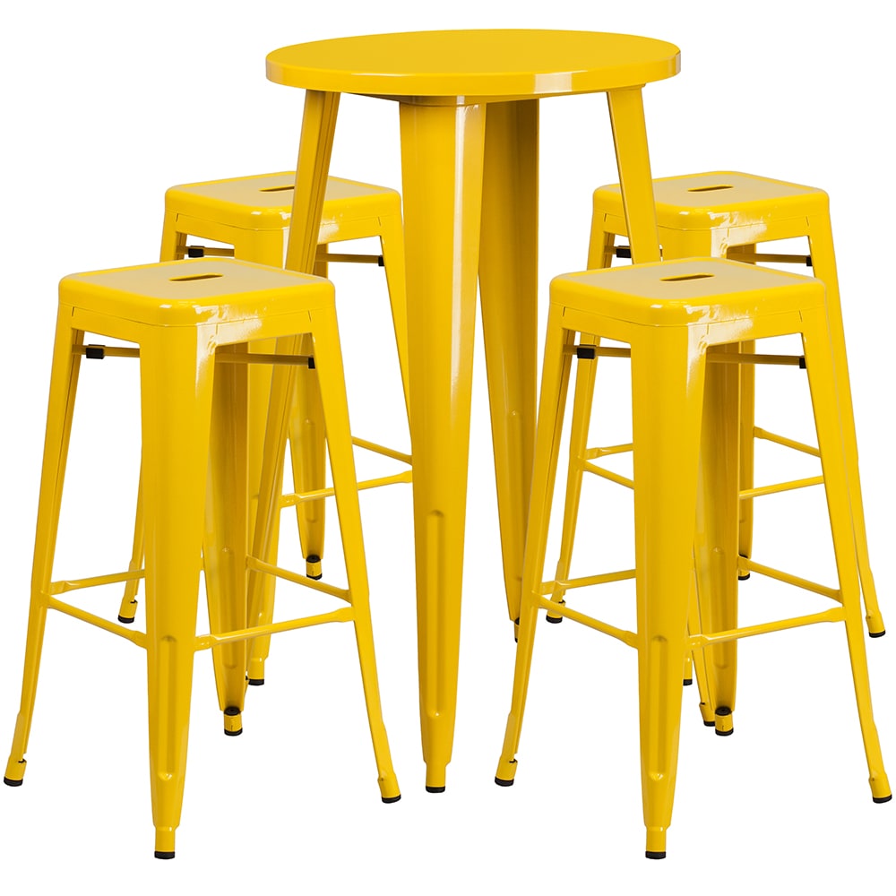 916-CH51080BH430SSYL 24" Square Bar Height Table w/ (4) Bar Stool Set - Yellow Steel Top, St...