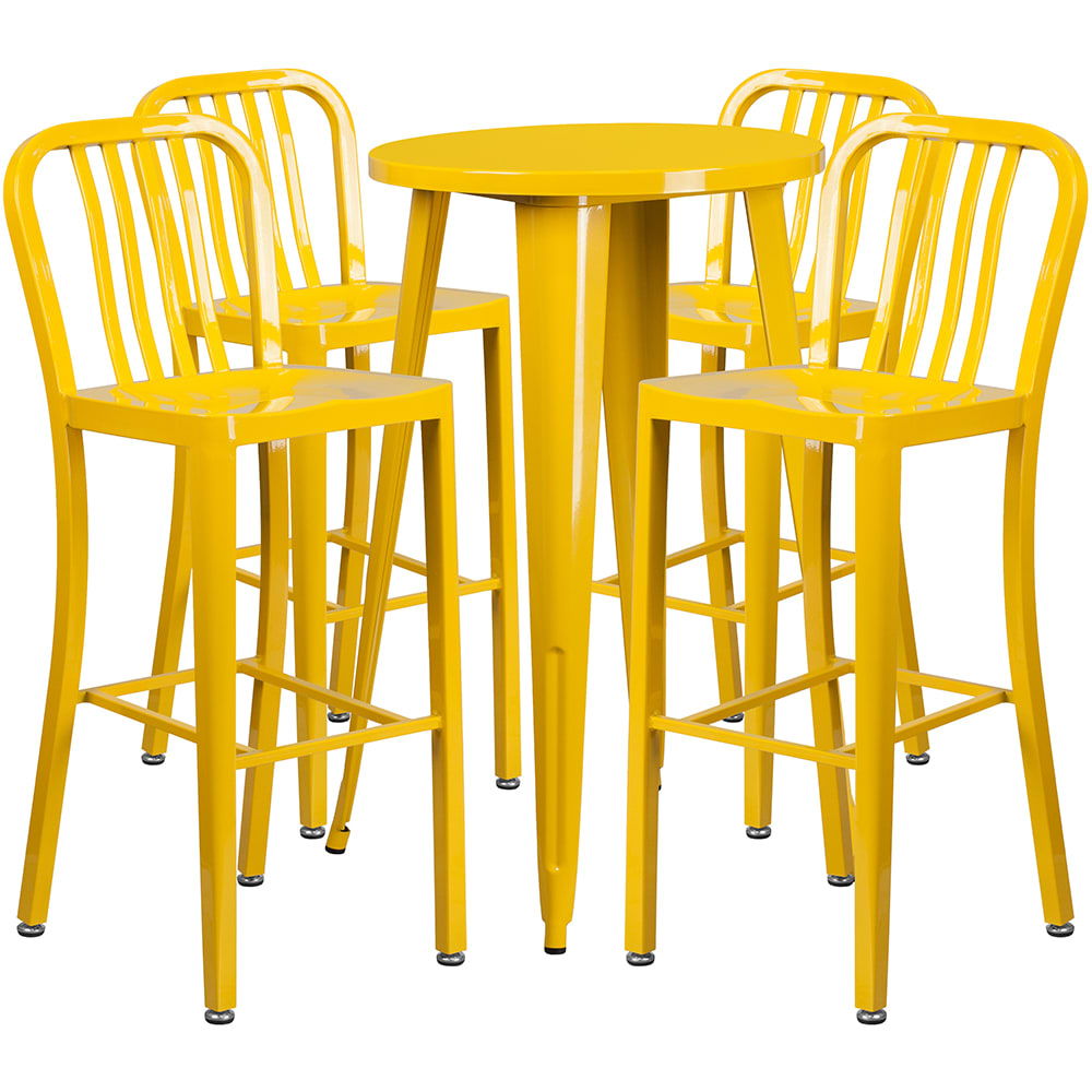 916-CH51080BH430VYL 24" Square Bar Height Table w/ (4) Bar Stool Set - Yellow Steel Top, Ste...