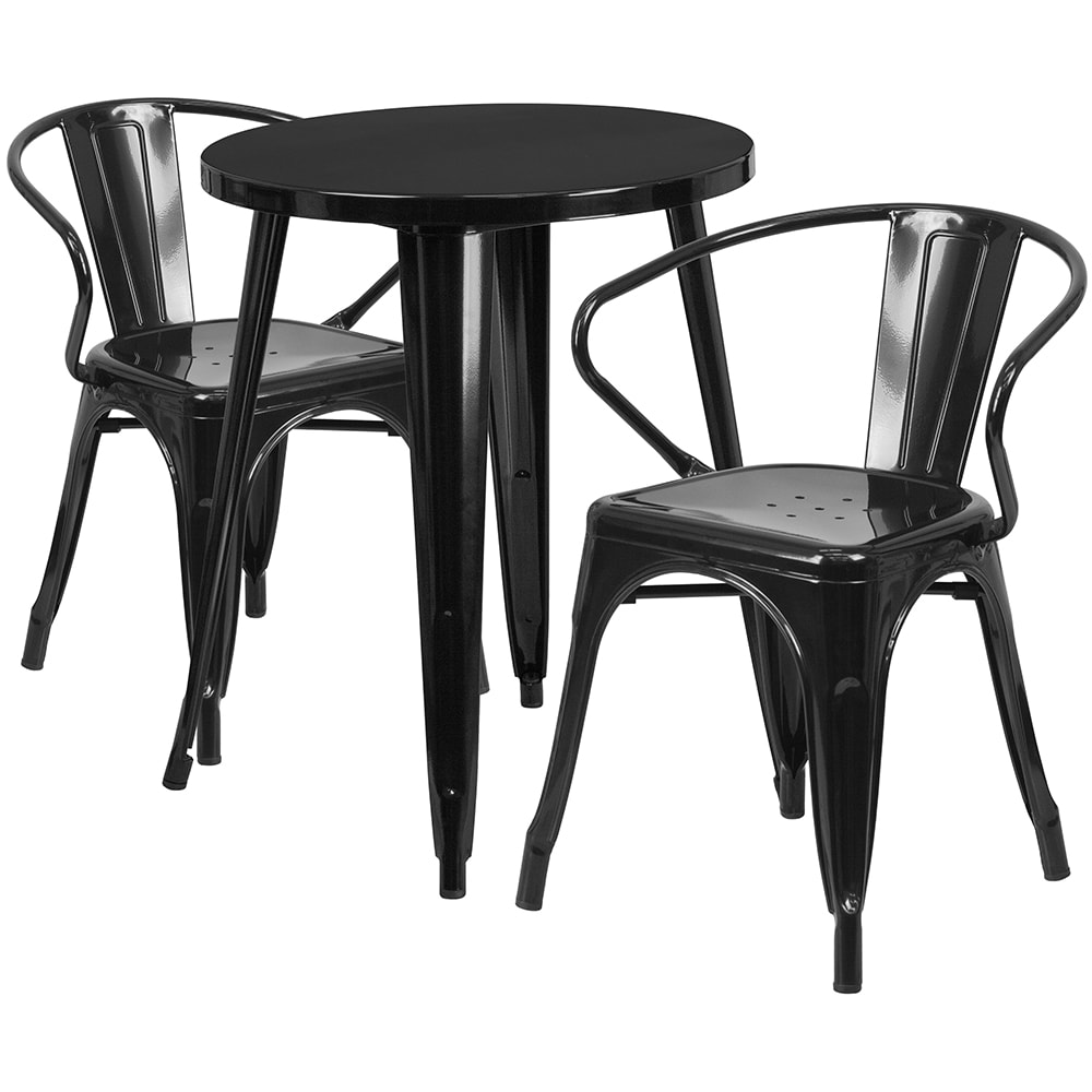 916-CH51080TH218ABK 24" Round Table & (2) Arm Chair Set - Metal, Black