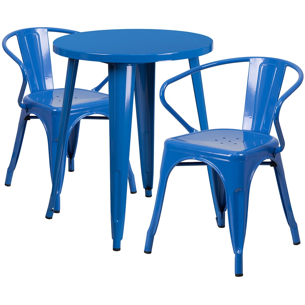 916-CH51080TH218ABL 24" Round Table & (2) Arm Chair Set - Metal, Blue