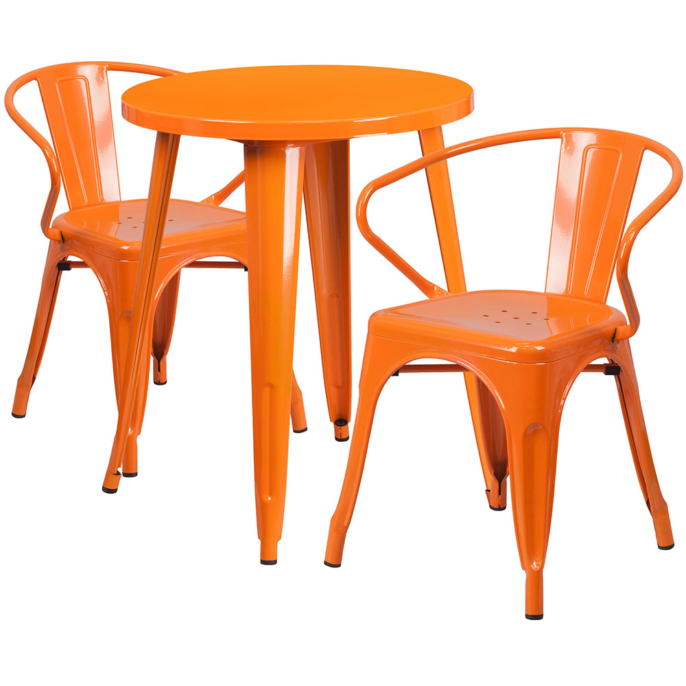 916-CH51080TH218AOR 24" Round Table & (2) Arm Chair Set - Metal, Orange