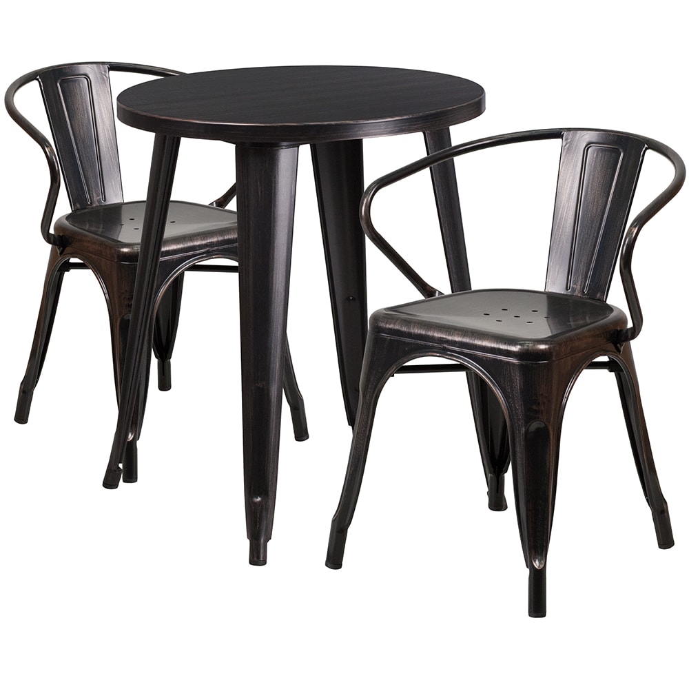 916-CH51080TH218ABQ 24" Round Table & (2) Arm Chair Set - Metal, Black & Antique Gol...