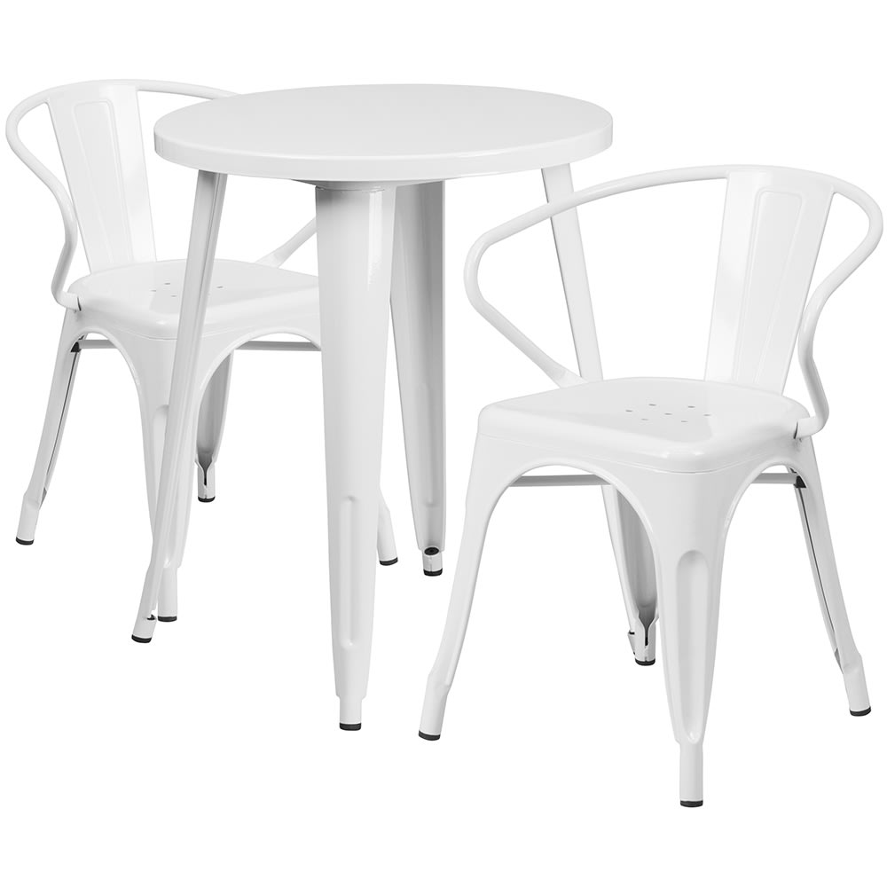 916-CH51080TH218AWH 24" Round Table & (2) Arm Chair Set - Metal, White