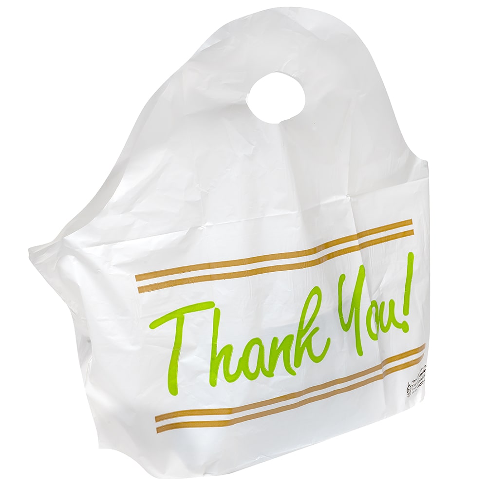 LK Packaging TO211810TY Printed Poly Take-Out Bag w/ Handles
