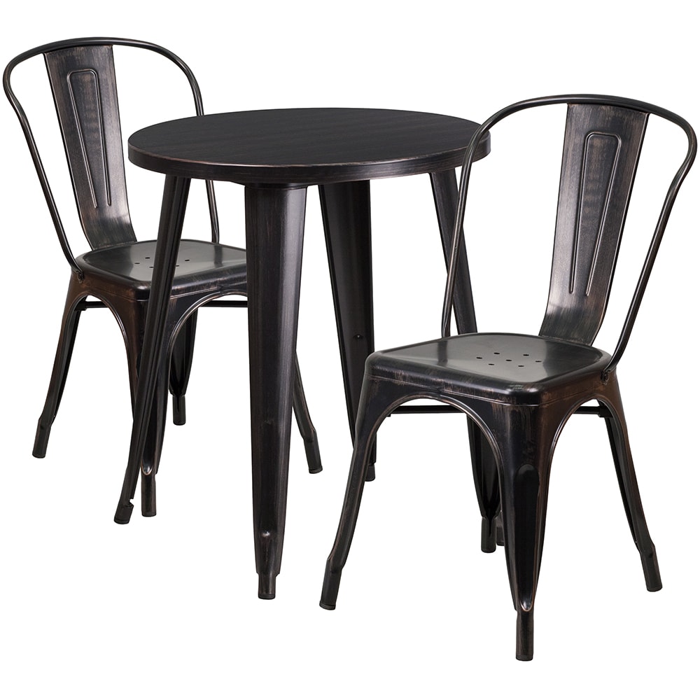 916-CH51080TH218CBQ 24" Round Table & (2) Café Chair Set - Metal, Black & Antique Go...
