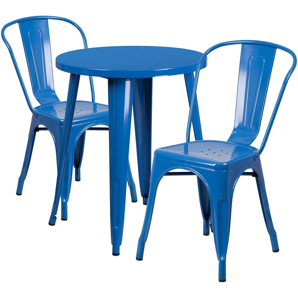 916-CH51080TH218CBL 24" Round Table & (2) Café Chair Set - Metal, Blue