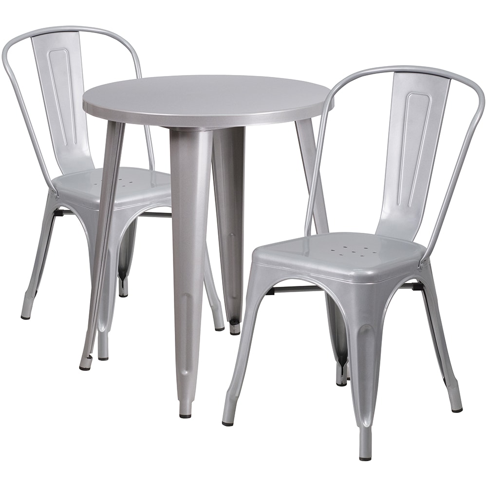 916-CH51080TH218CSIL 24" Round Table & (2) Café Chair Set - Metal, Silver