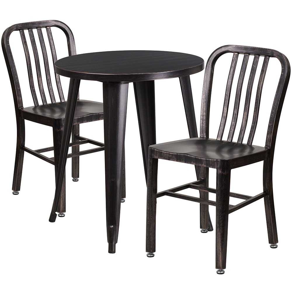 916-CH51080TH218VBQ 24" Round Table & (2) Chair Set - Metal, Black & Antique Gold
