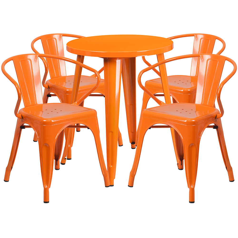 916-CH51080TH418AOR 24" Round Table & (4) Arm Chair Set - Metal, Orange