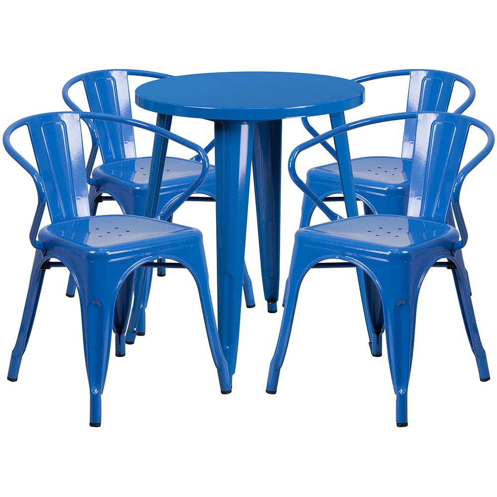 916-CH51080TH418ABL 24" Round Table & (4) Arm Chair Set - Metal, Blue