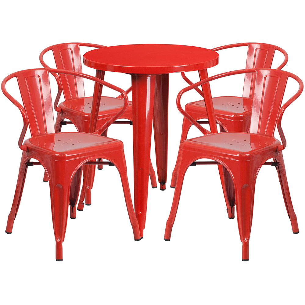 916-CH51080TH418ARED 24" Round Table & (4) Arm Chair Set - Metal, Red