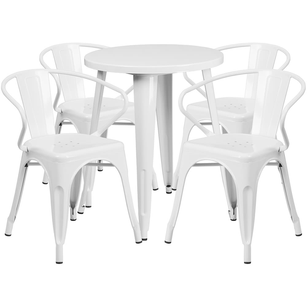 916-CH51080TH418AWH 24" Round Table & (4) Arm Chair Set - Metal, White