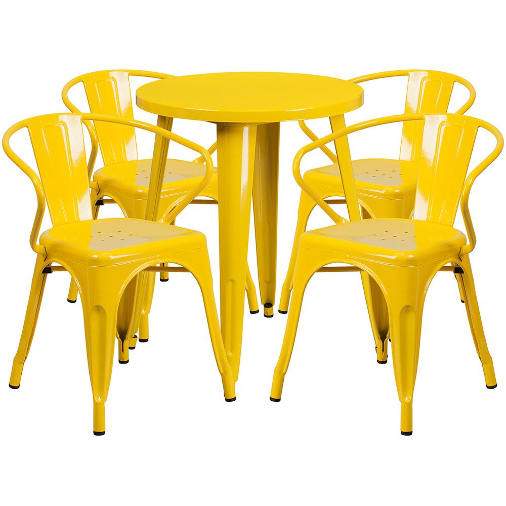 916-CH51080TH418AYL 24" Round Table & (4) Arm Chair Set - Metal, Yellow