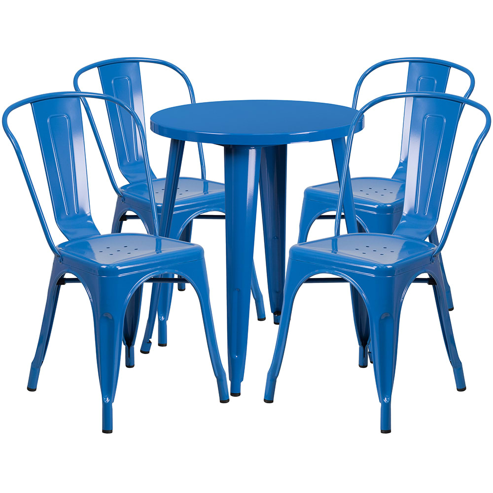 916-CH51080TH418CBL 24" Round Table & (4) Café Chair Set - Metal, Blue