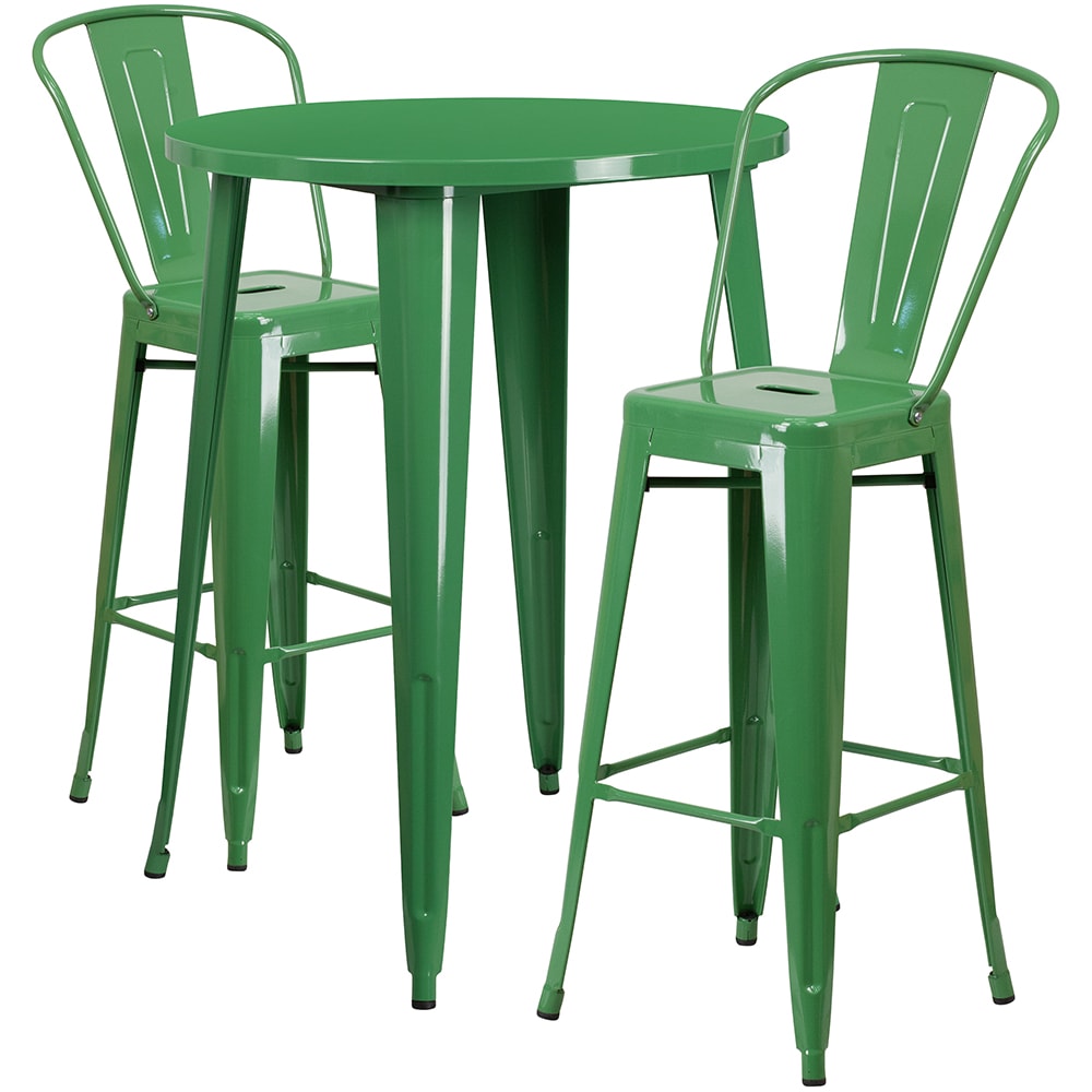 916-CH51090BH230CGN 30" Round Bar Height Table w/ (2) Bar Stool Set - Green Steel Top, Steel...