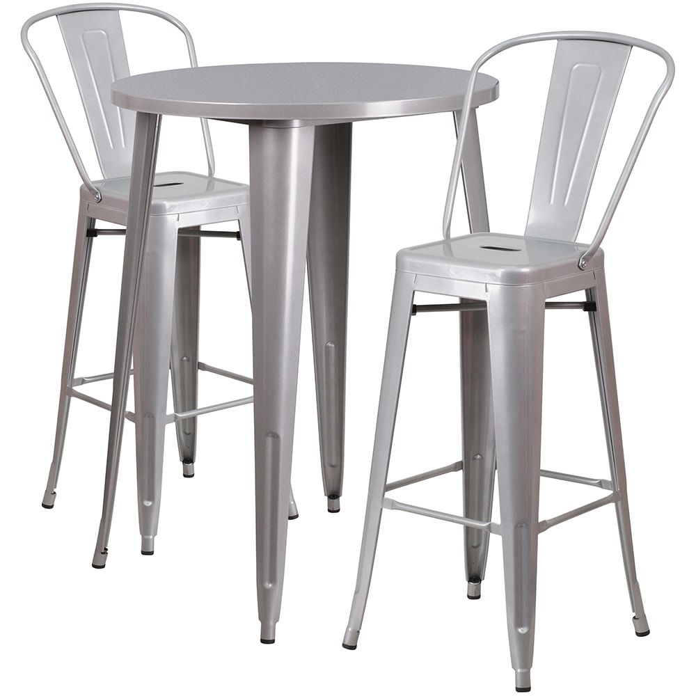 916-CH51090BH230CSIL 30" Round Bar Height Table w/ (2) Bar Stool Set - Silver Steel Top, Ste...