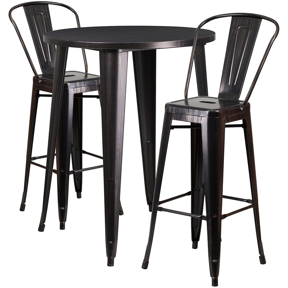 916-CH51090BH230CBQ 30" Round Bar Height Table w/ (2) Bar Stool Set - Black & Antique Go...