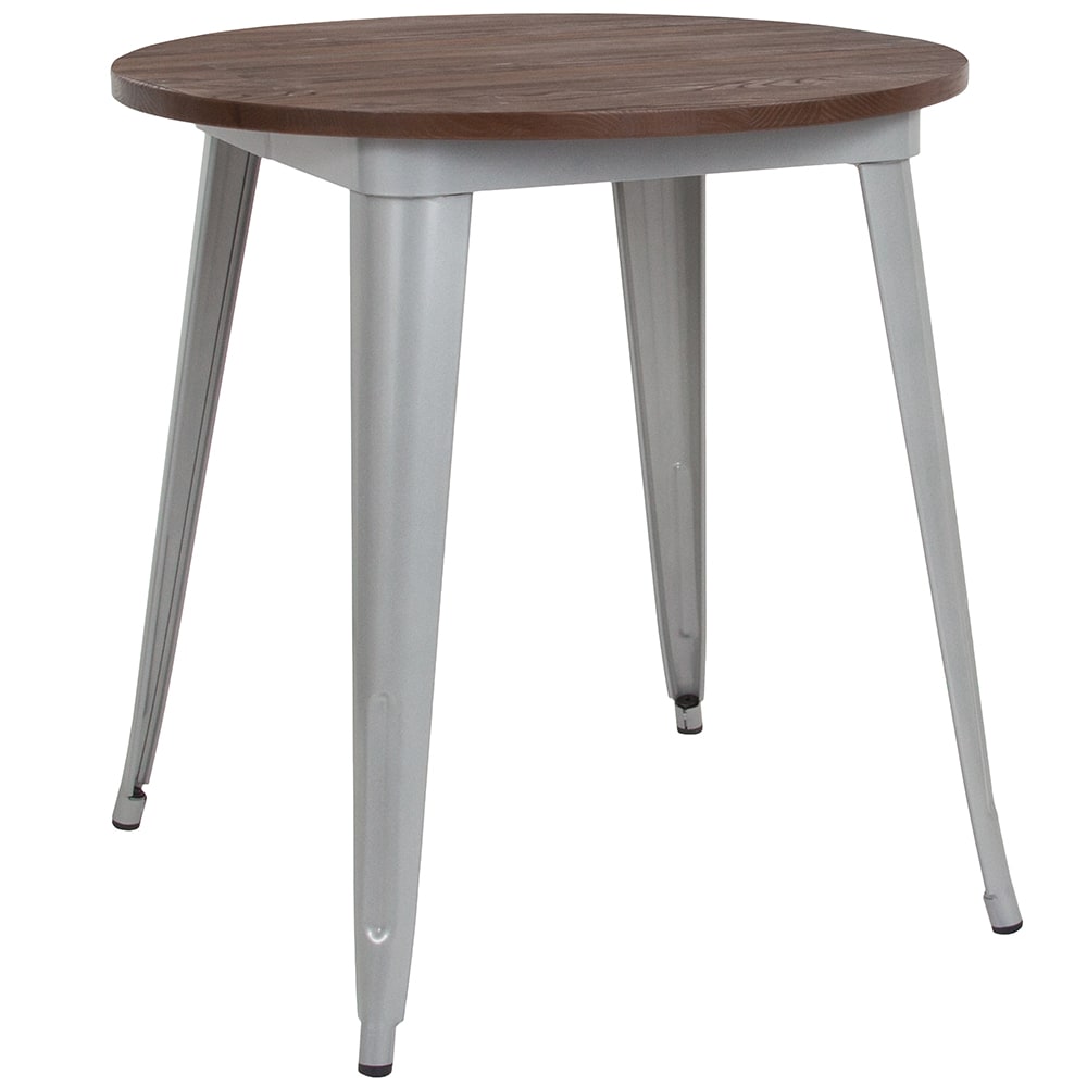 916-CH5109029M1SIL 30" Round Dining Height Table w/ Walnut Elm Wood Top - Steel Frame, Silve...