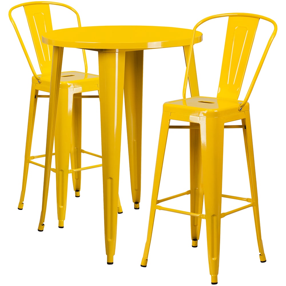 916-CH51090BH230CYL 30" Round Bar Height Table w/ (2) Bar Stool Set - Yellow Steel Top, Stee...