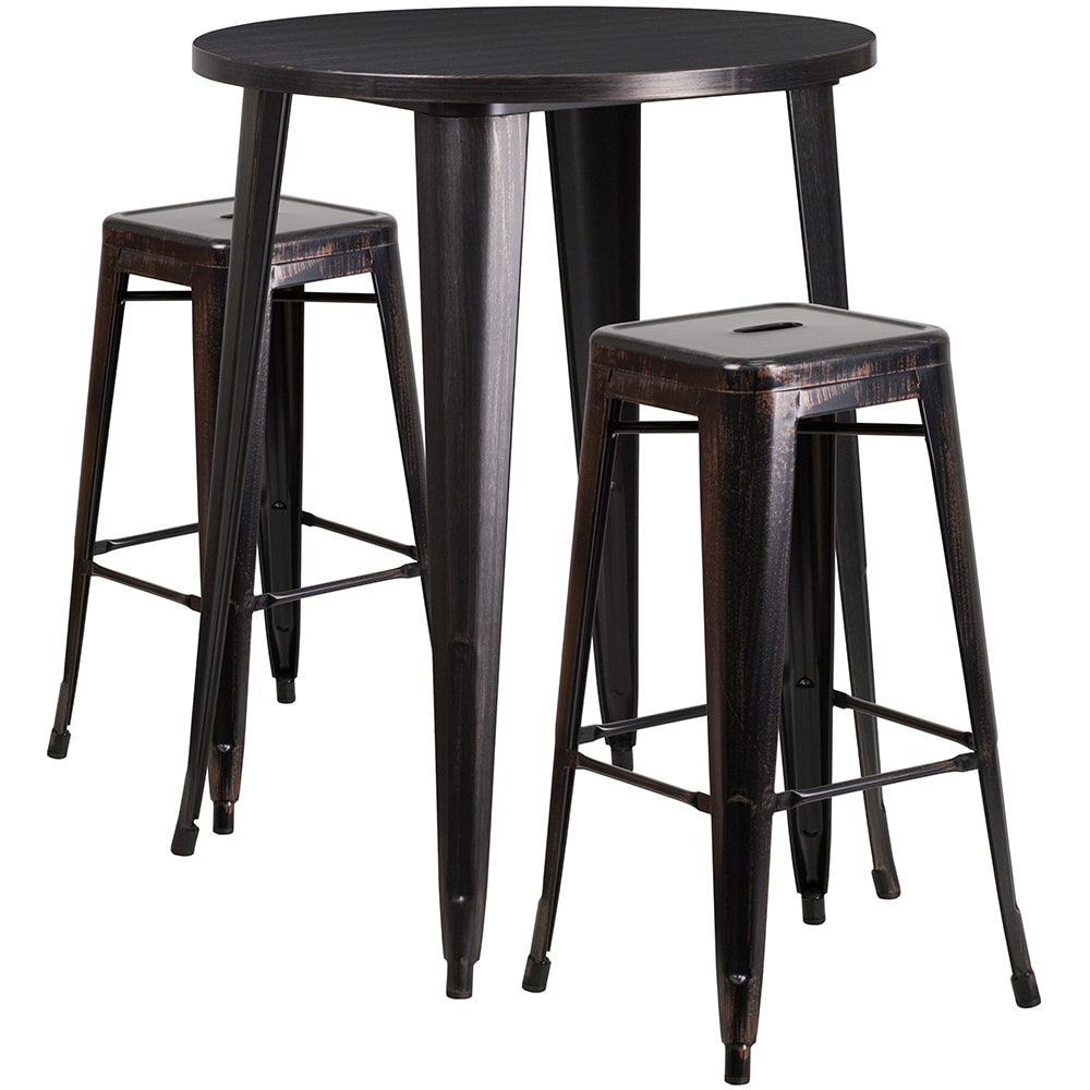 916-CH51090BH230SSBQ 30" Square Bar Height Table w/ (2) Bar Stool Set - Black & Antique...