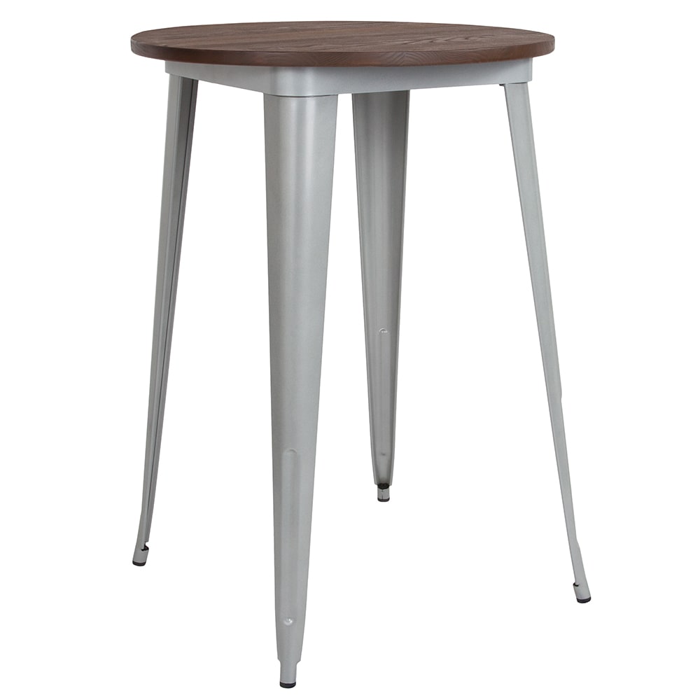 916-CH5109040M1SIL 30" Round Bar Height Table - Walnut Rustic Wood Top, Steel Base