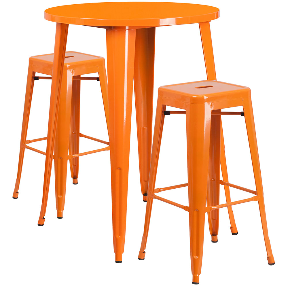 916-CH51090BH230SSOR 30" Square Bar Height Table w/ (2) Bar Stool Set - Orange Steel Top, St...