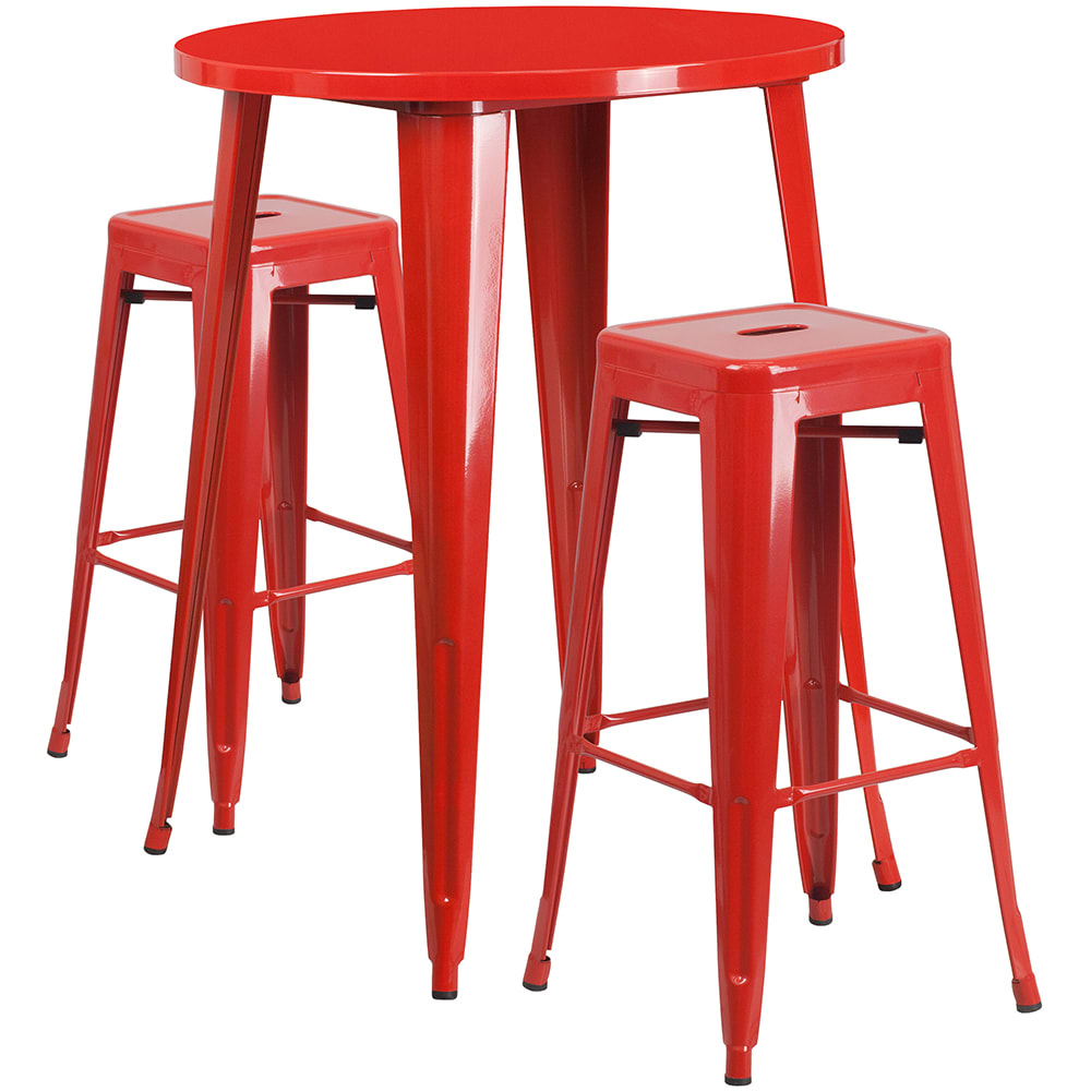 916-CH51090BH230SSR 30" Square Bar Height Table w/ (2) Bar Stool Set - Red Steel Top, Steel...