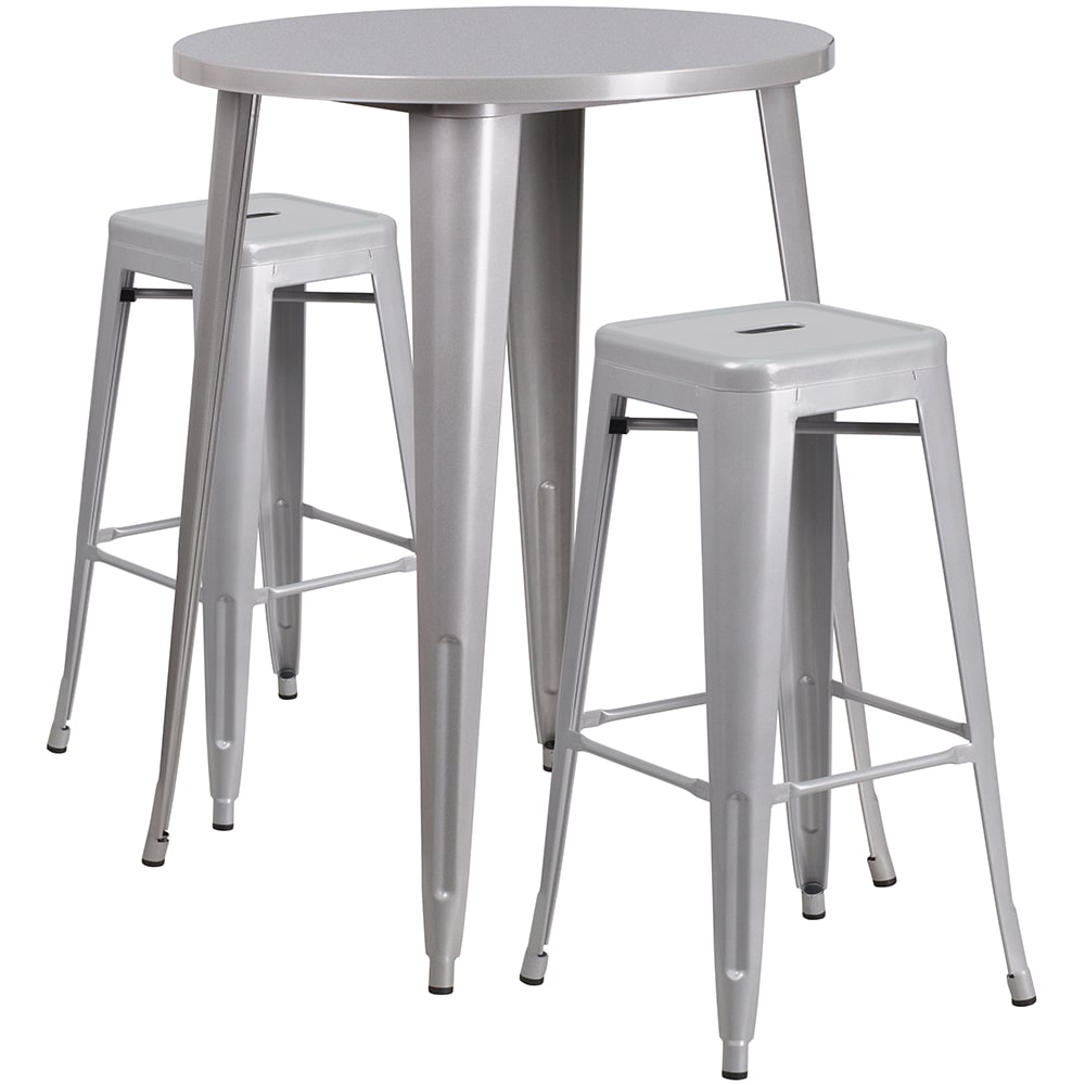 916-CH51090BH230SSS 30" Square Bar Height Table w/ (2) Bar Stool Set - Silver Steel Top, Ste...