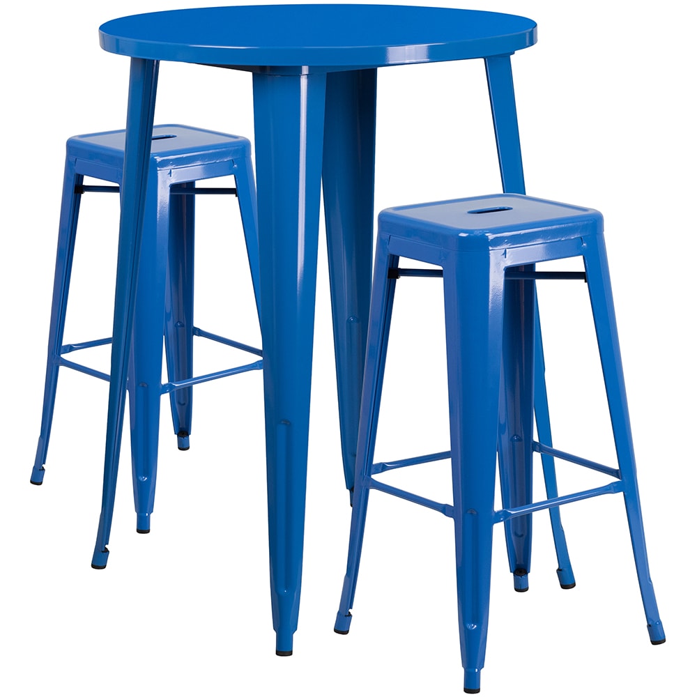 916-CH51090BH230SSBL 30" Square Bar Height Table w/ (2) Bar Stool Set - Blue Steel Top, Stee...
