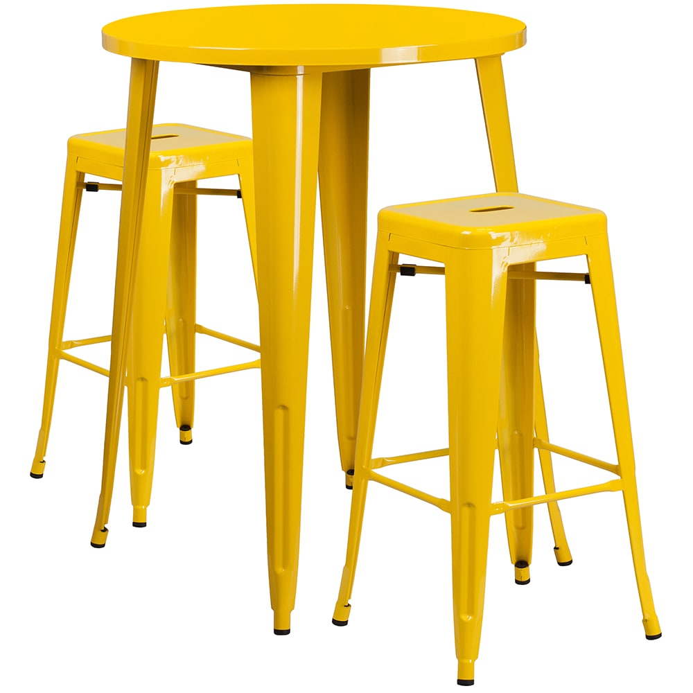 916-CH51090BH230SSYL 30" Square Bar Height Table w/ (2) Bar Stool Set - Yellow Steel Top, St...