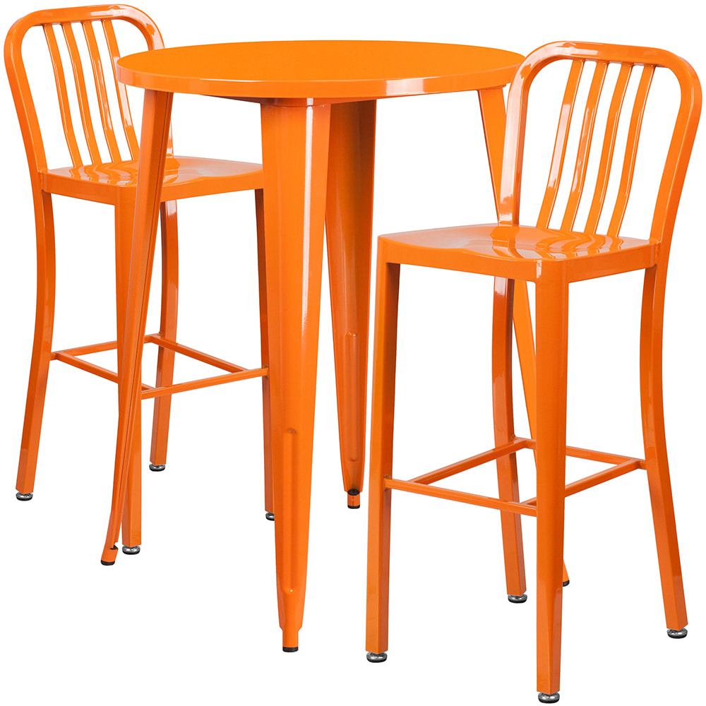 916-CH51090BH230VOR 30" Square Bar Height Table w/ (2) Bar Stool Set - Orange Steel Top, Ste...