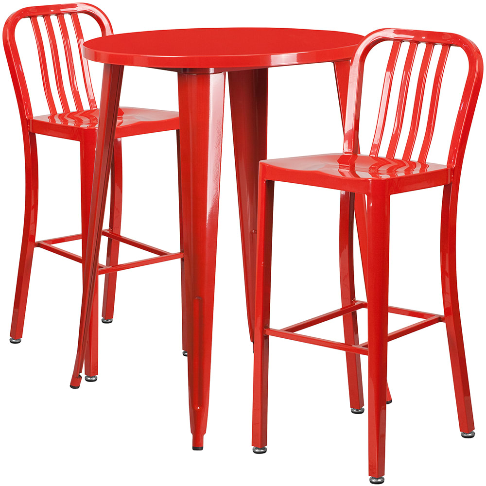 916-CH51090BH230VRED 30" Square Bar Height Table w/ (2) Bar Stool Set - Red Steel Top, Steel...