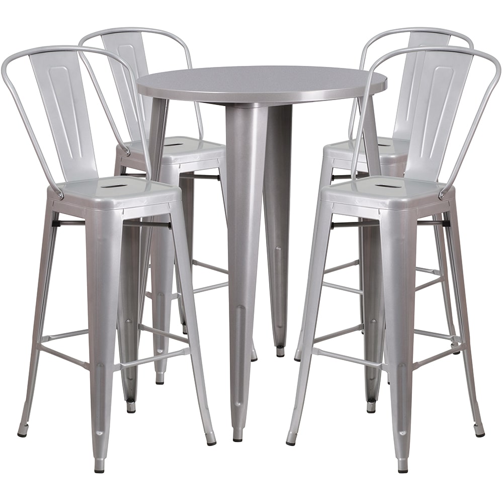 916-CH51090BH430CSIL 30" Square Bar Height Table w/ (4) Bar Stool Set - Silver Steel Top, St...