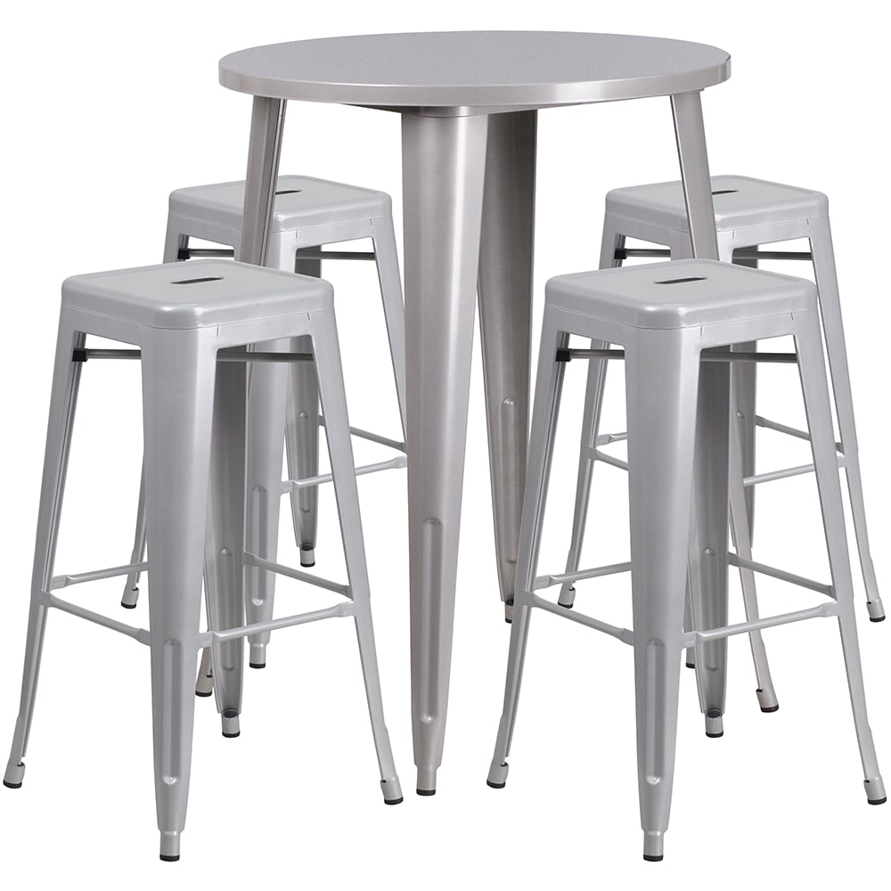 916-CH51090BH430SSS 30" Square Bar Height Table w/ (4) Bar Stool Set - Silver Steel Top, Ste...