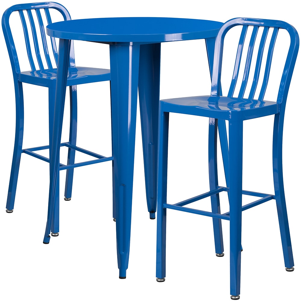 916-CH51090BH230VBL 30" Square Bar Height Table w/ (2) Bar Stool Set - Blue Steel Top, Steel...