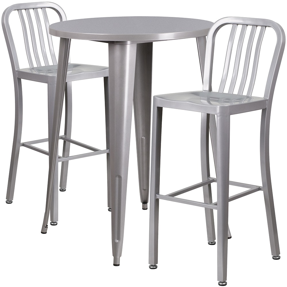 916-CH51090BH230VSIL 30" Square Bar Height Table w/ (2) Bar Stool Set - Silver Steel Top, St...