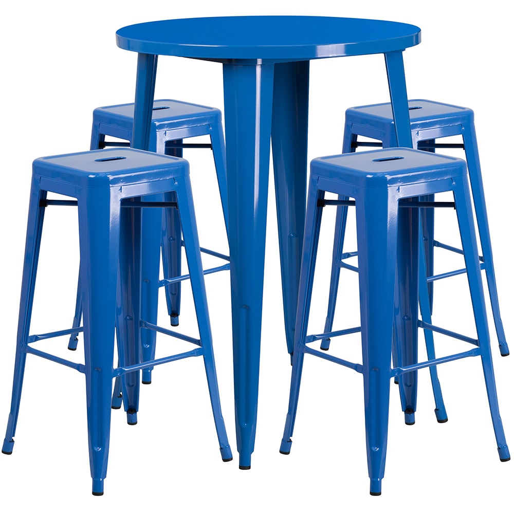 916-CH51090BH430SSBL 30" Square Bar Height Table w/ (4) Bar Stool Set - Blue Steel Top, Stee...