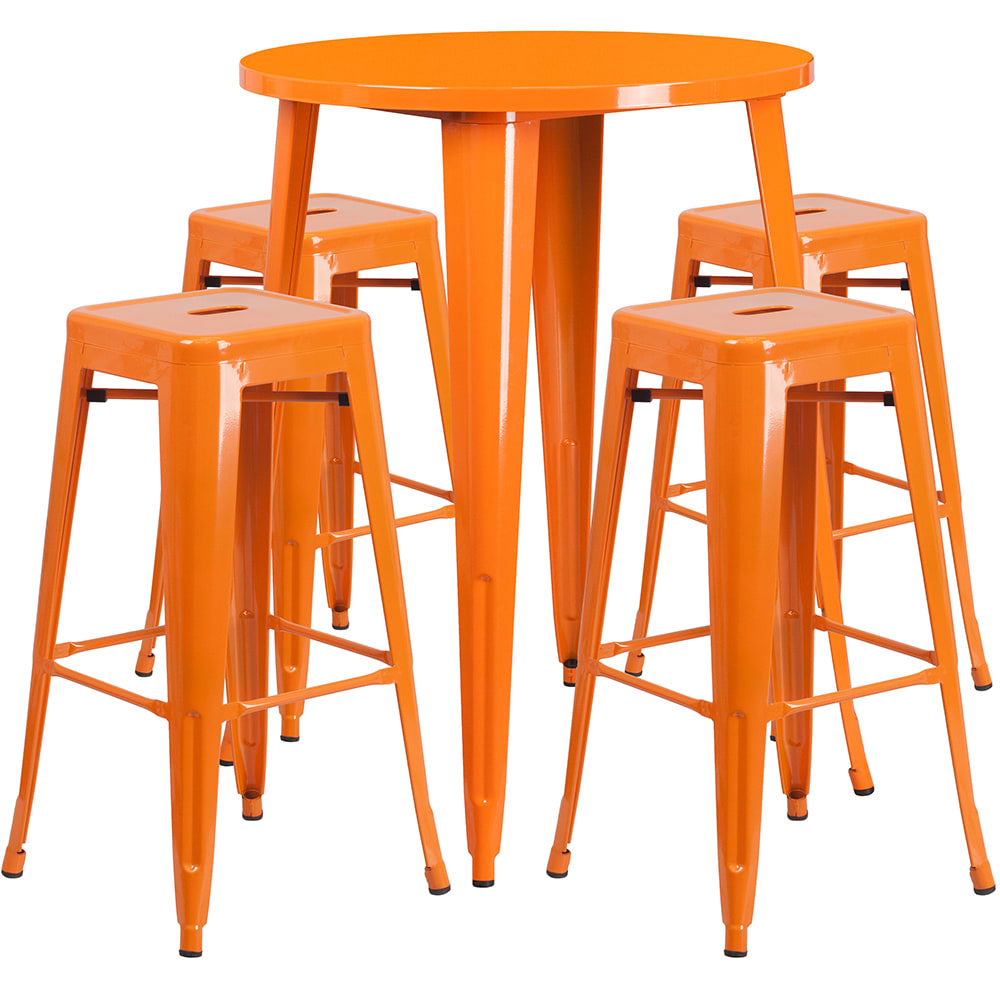 916-CH51090BH430SSOR 30" Square Bar Height Table w/ (4) Bar Stool Set - Orange Steel Top, St...